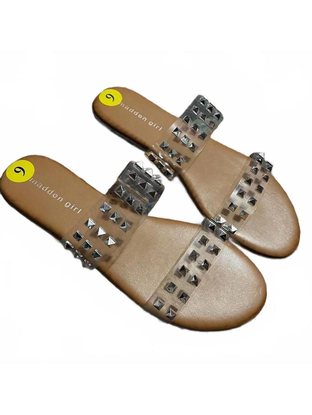NWT Madden Girl Clear Studded Slide Sandals PVC Straps Nude Size 9